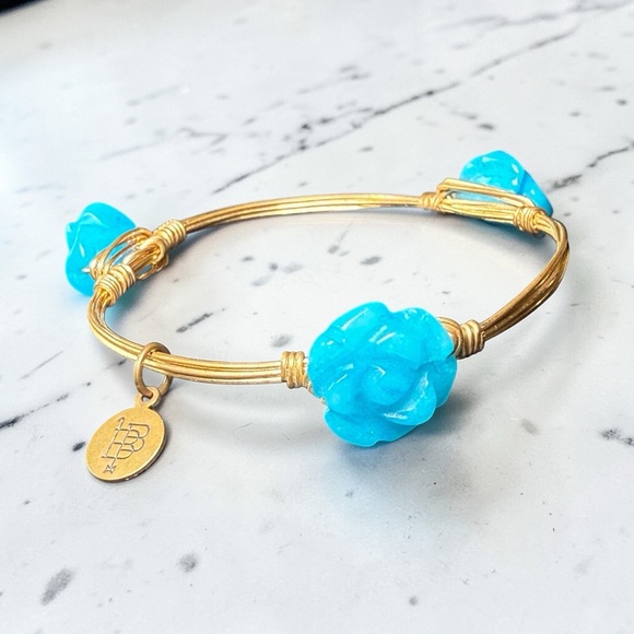 Bourbon & Boweties Blue Rose Bangle Bracelet Gold Wire Wrapped Boho Stackable - Picture 2 of 7